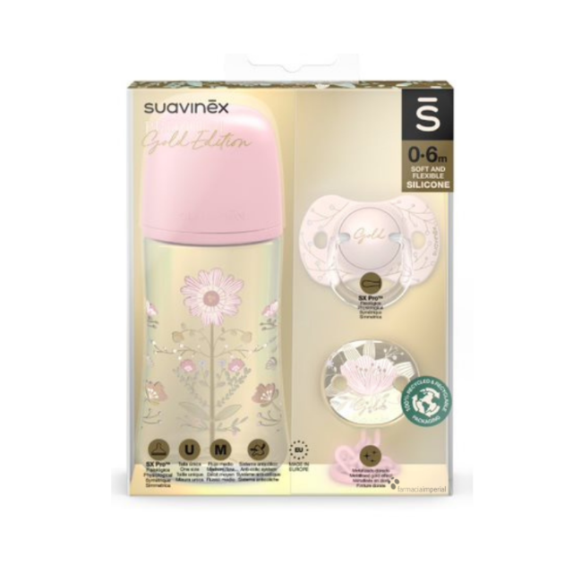 SUAVINEX SET GOLD: BIBERON + CHUPETE + BROCHE