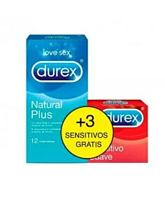 DUREX NATURAL PLUS PLUS 12 PRESERVATIVOS + 3 PRESERVATIVOS DUREX SENSITIVO CONFORT