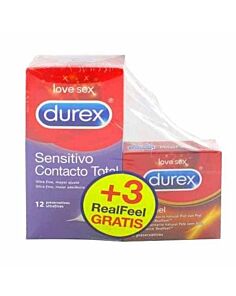 DUREX SENSITIVO CONTACTO TOTAL 12U + DUREX REAL FEEL 3 UNIDADES PROMOCION